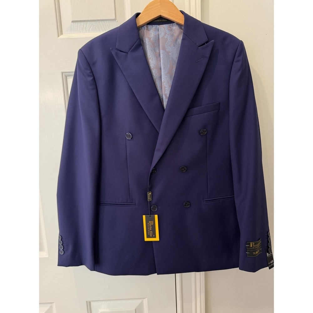 Porto Filo Mens Slim Fit Double Breasted Blazer Blue 40R S027D Designed in Italy